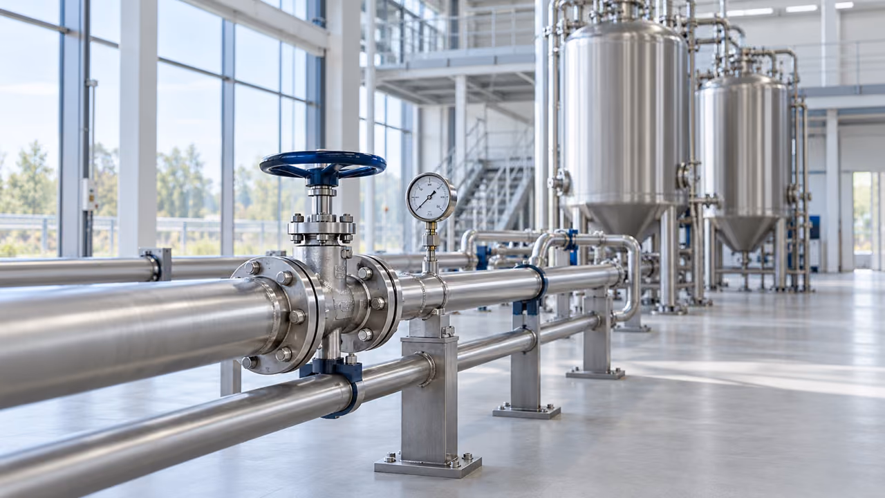 Stainless steel pipeline with a hand wheel valve and a pressure gauge, process tanks behind