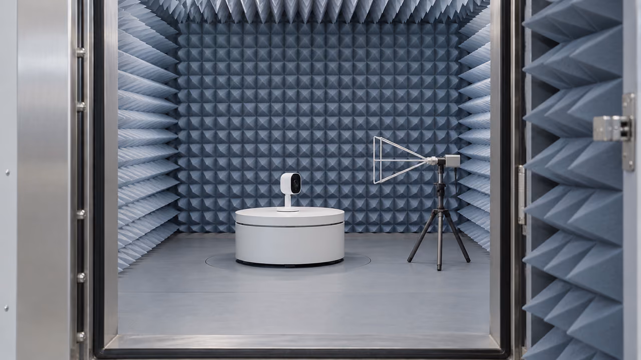 Wireless camera on the turntable of an anechoic test chamber, a measurement antenna beside it