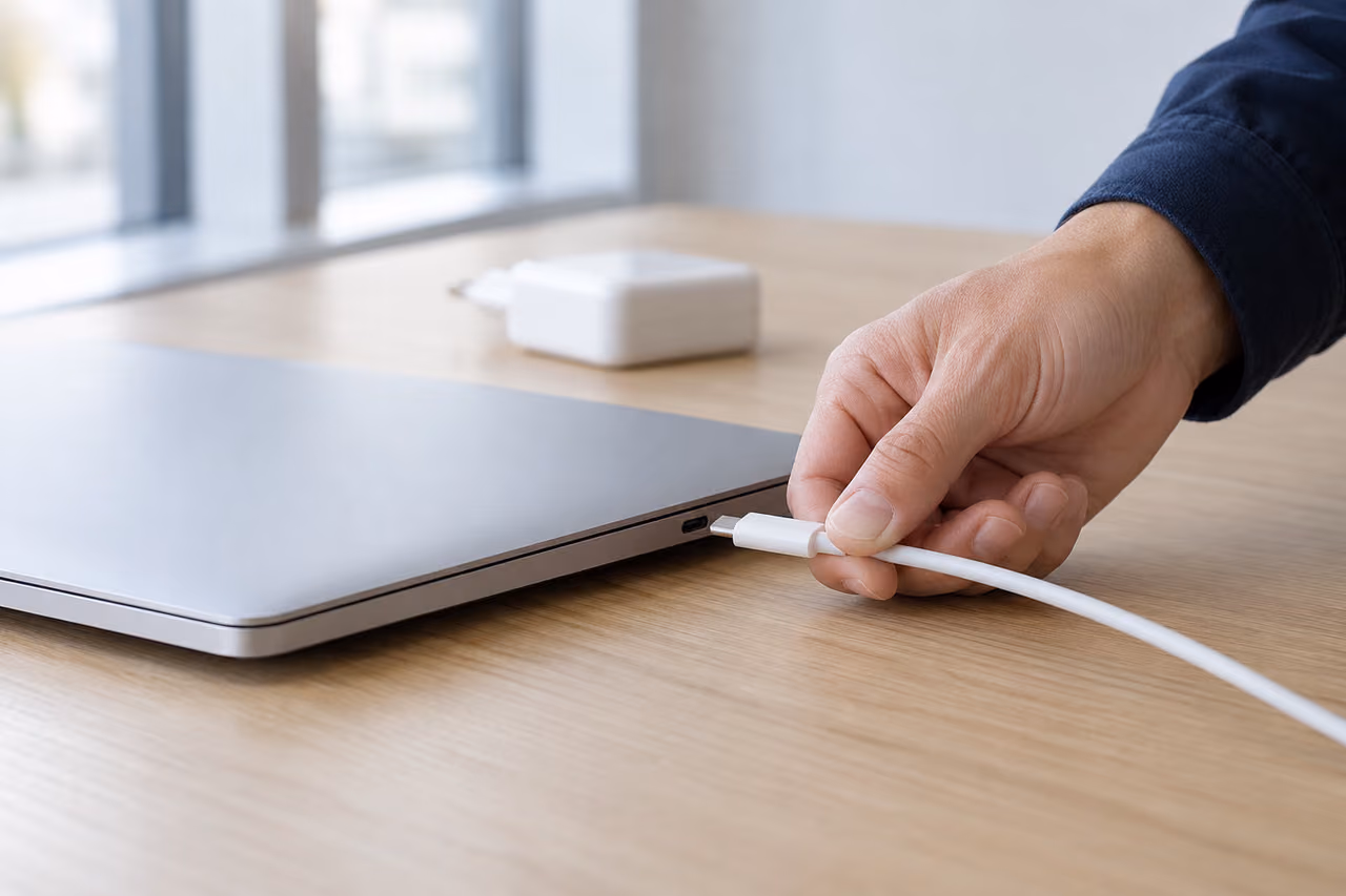 Hand plugging a white USB-C cable into the side of a silver laptop on a light wooden desk