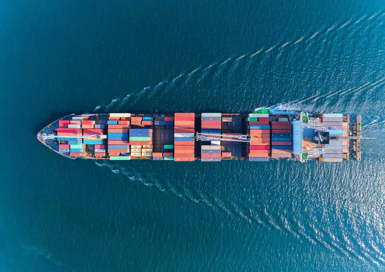 Aerial view of a container ship at sea